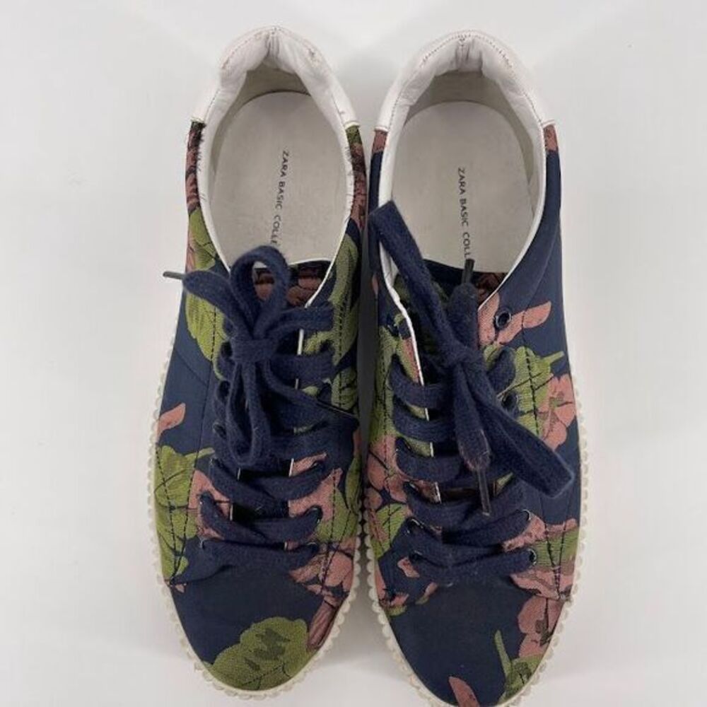 Zara Floral‎ Print Platform Sneakers Navy Blue Green Pink Lace-Up Shoes - Picture 3 of 6
